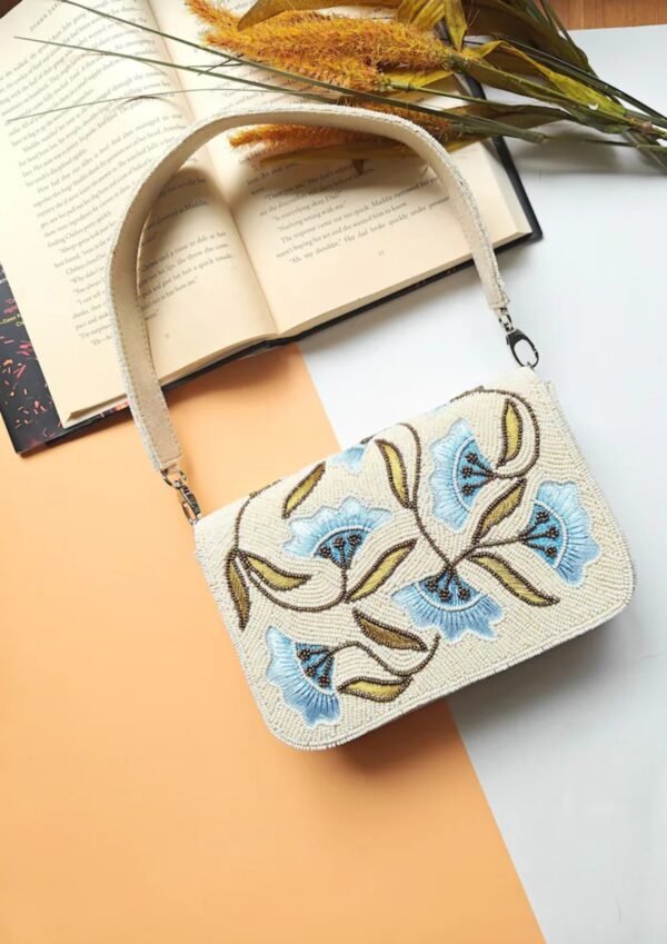 White Beaded Clutch, Blue Floral Shoulder Bag, Party Evening Bag, Gift for Brides, Top Handle Handbags, Blue Flower Ivory Purse